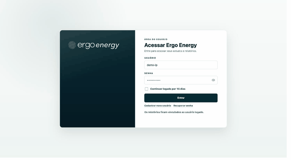 Demonstração do Ergo Energy: login, resultado financeiro e apresentação executiva gerados automaticamente